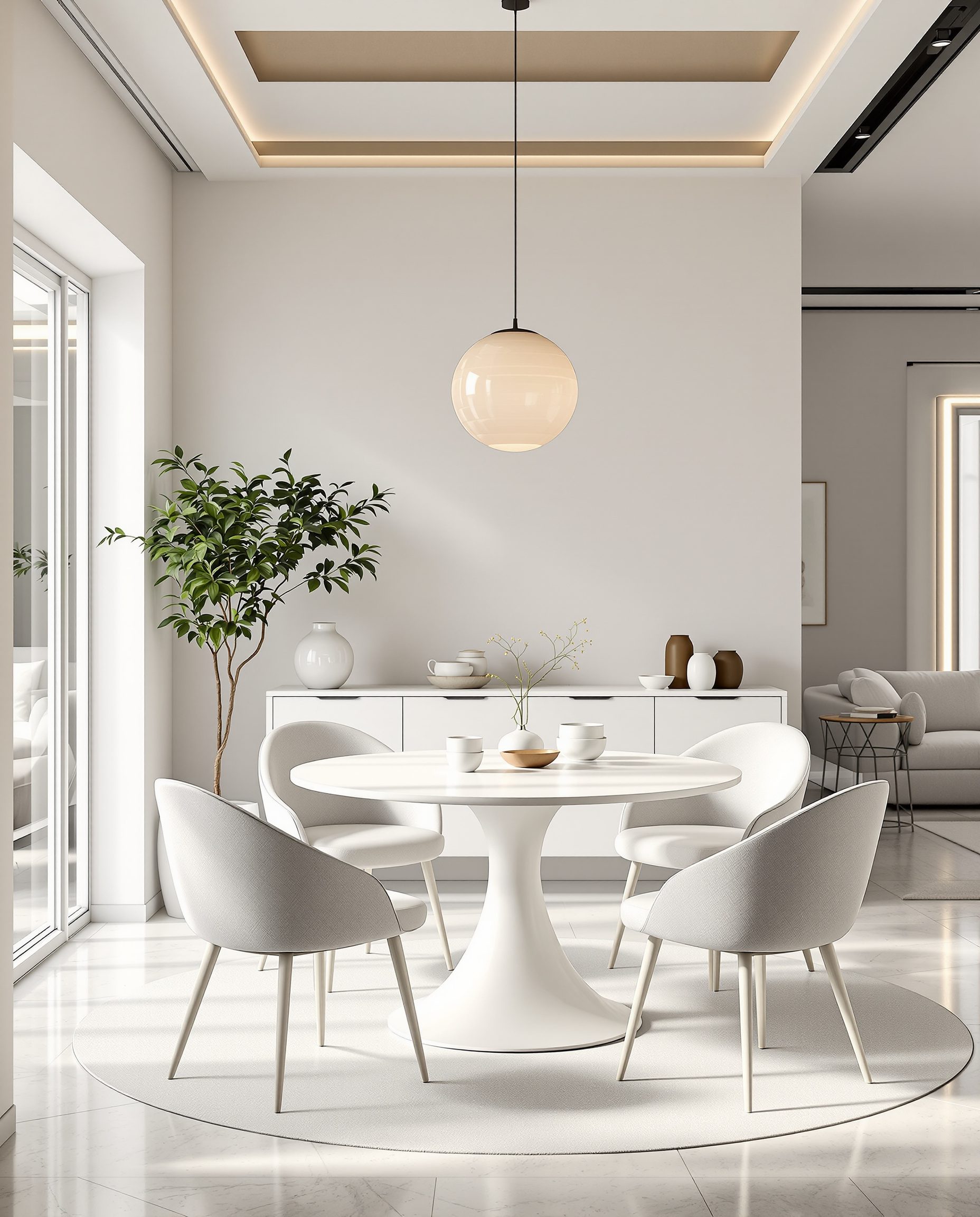 Open-Plan Round Table Dining — White Modern