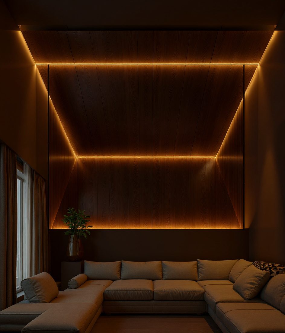 Backlit Stretch Panel Feature Ceiling — Walnut Classic