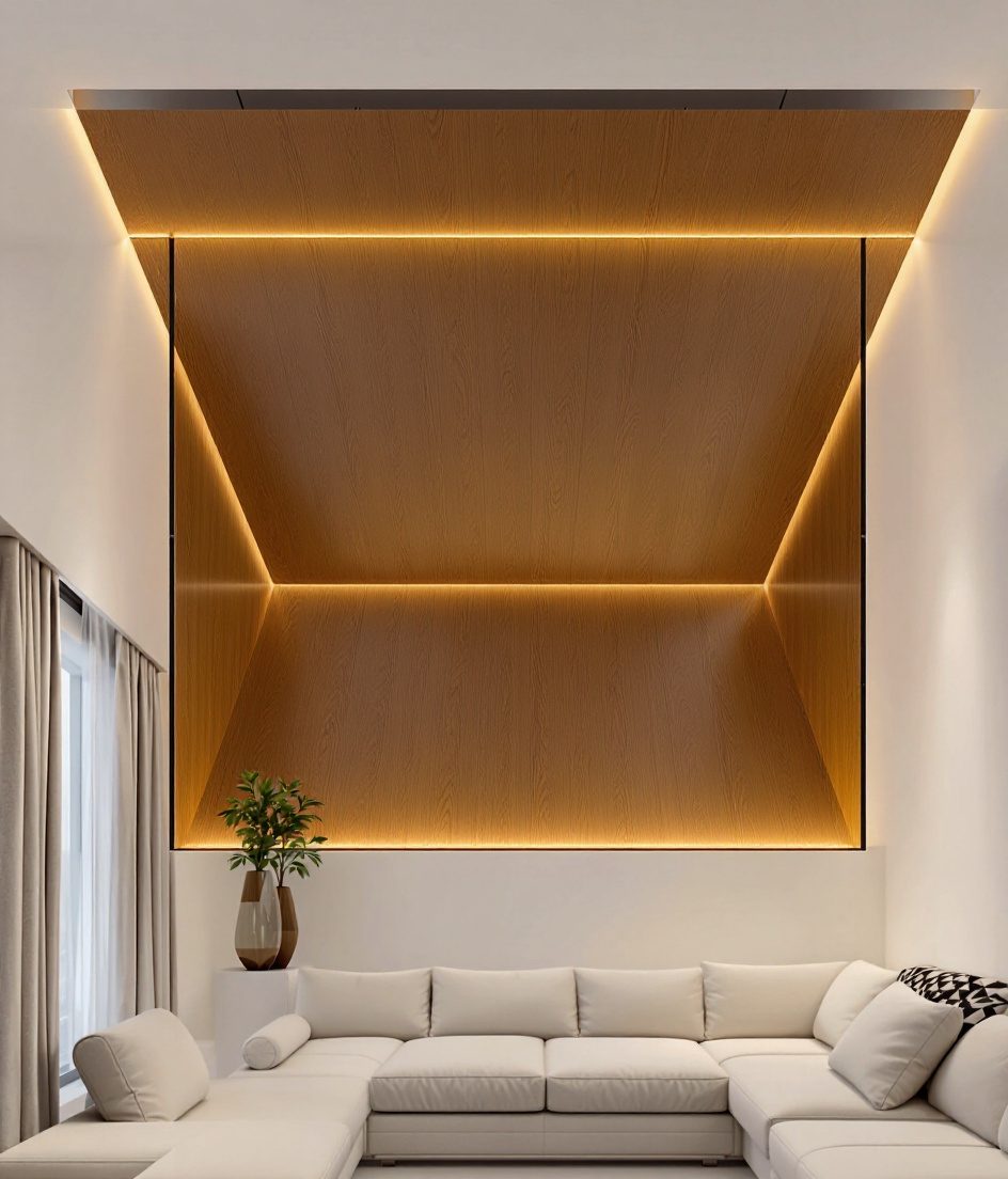 Backlit Stretch Panel Feature Ceiling — Warm Oak