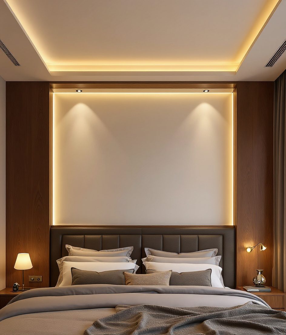 Bedroom Soft Cove Ceiling — Warm Oak