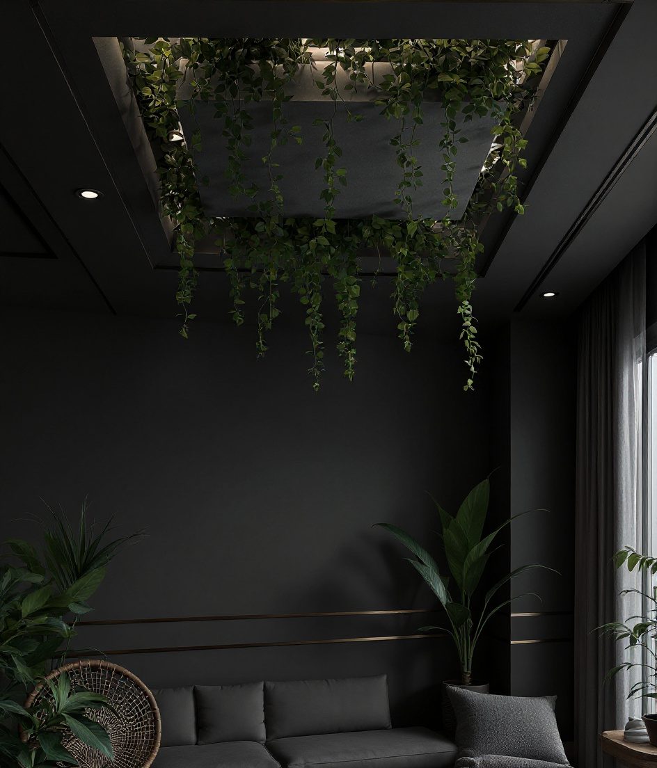 Biophilic Greenery Feature Ceiling — Charcoal Minimal