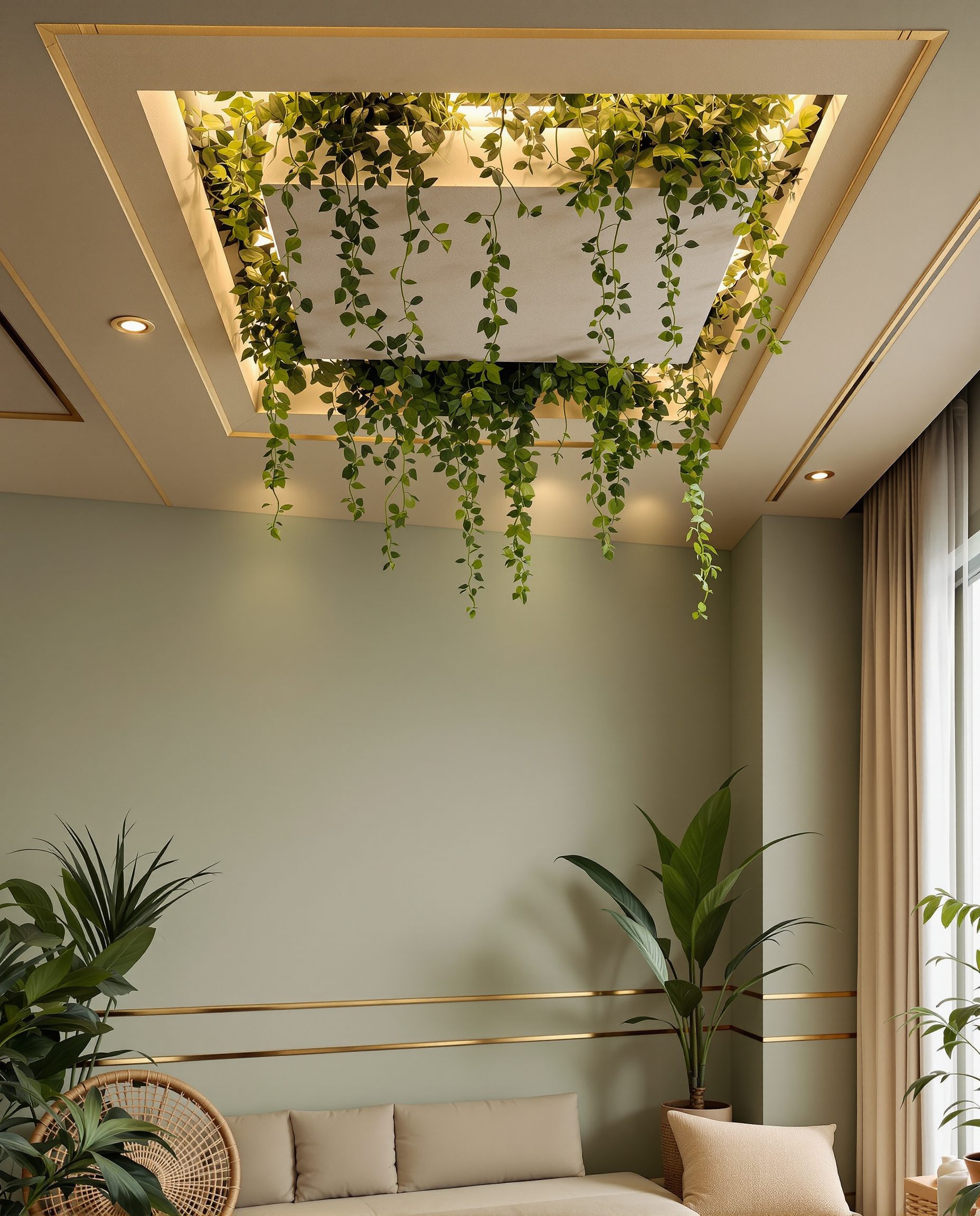 Biophilic Greenery Feature Ceiling — Sage & Brass