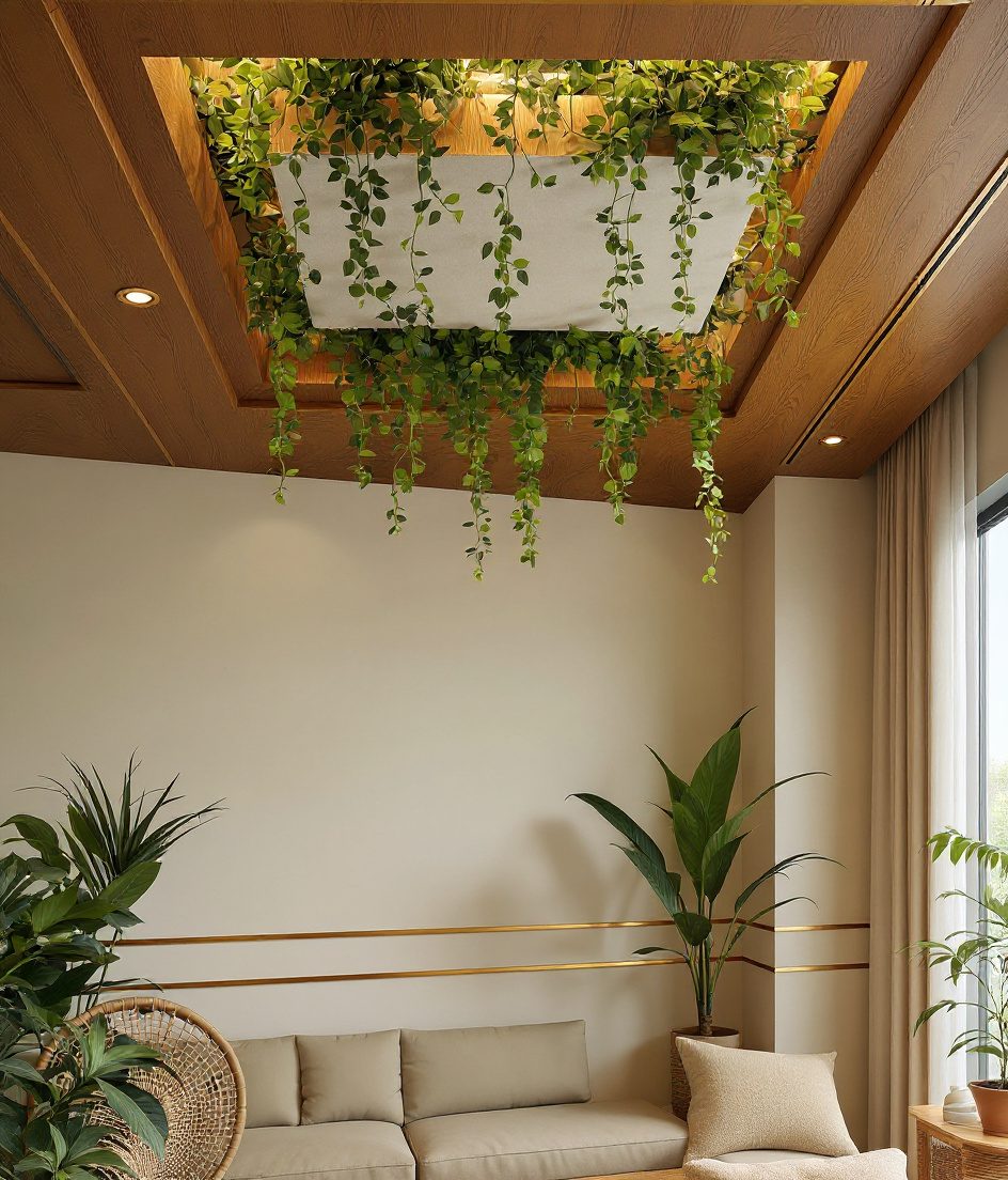 Biophilic Greenery Feature Ceiling — Warm Oak