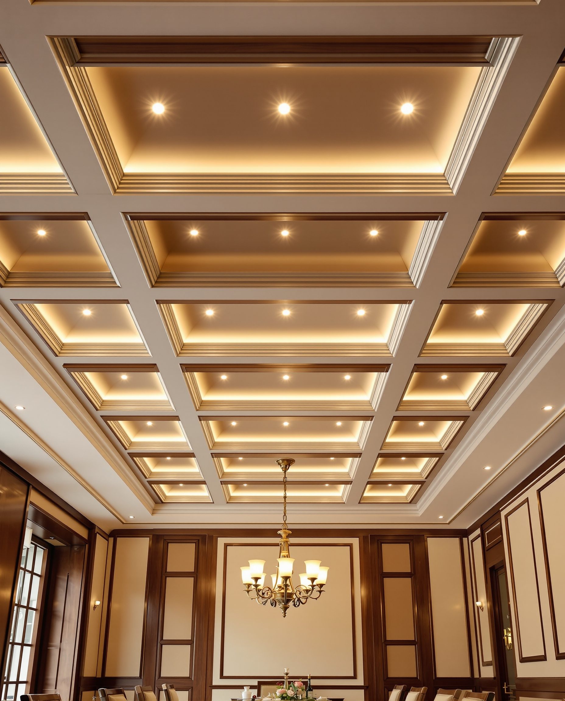 Coffered Grid Dining Ceiling — Walnut Classic