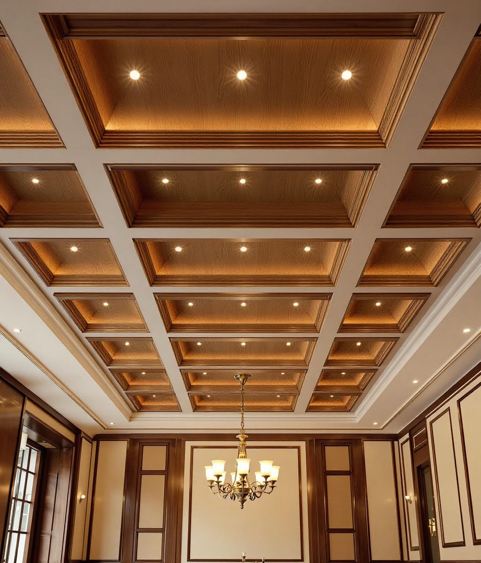 Coffered Grid Dining Ceiling — Warm Oak