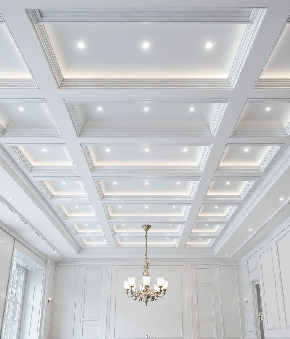Coffered Grid Dining Ceiling — White Modern