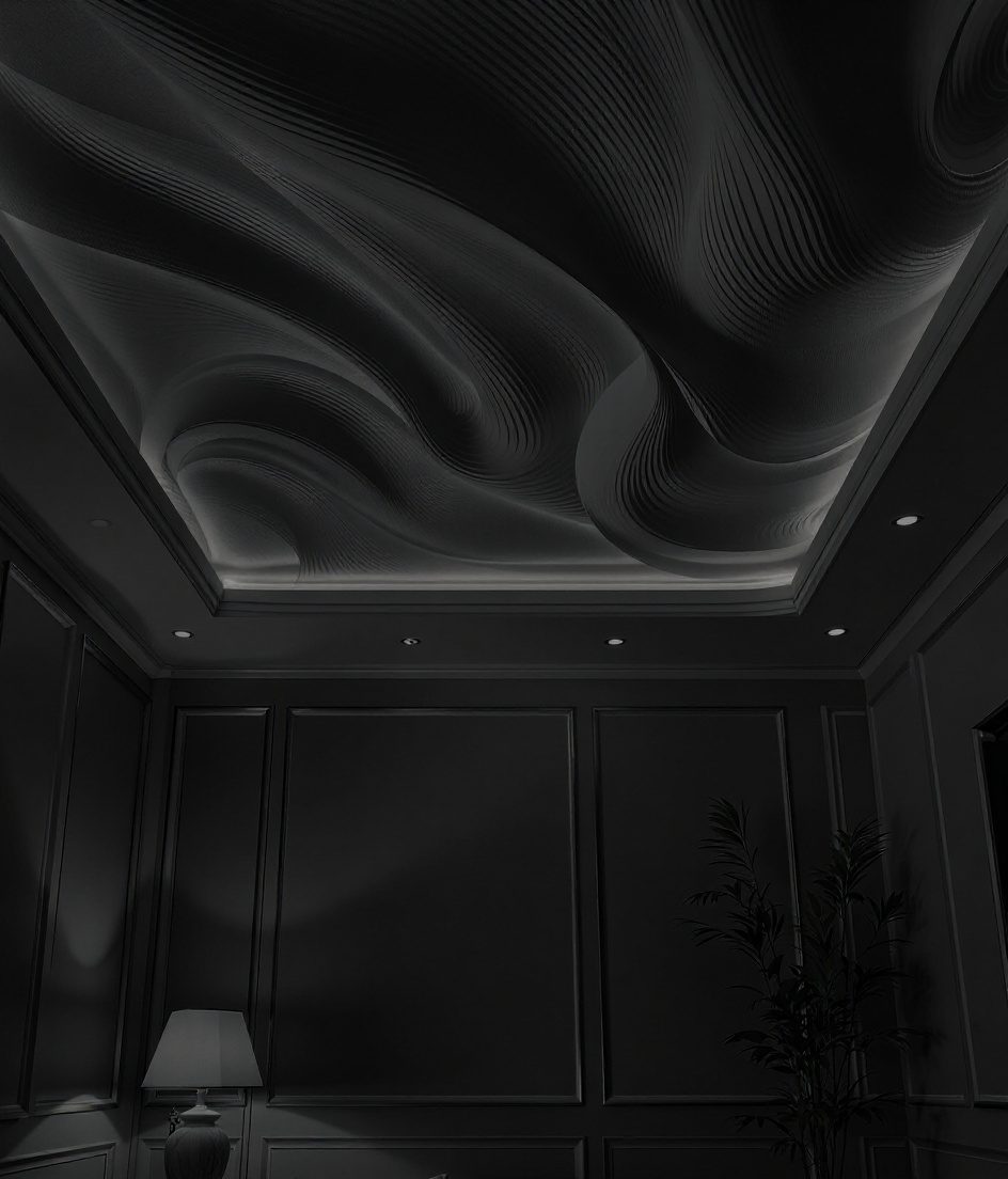 Curved Wave Feature Ceiling — Charcoal Minimal