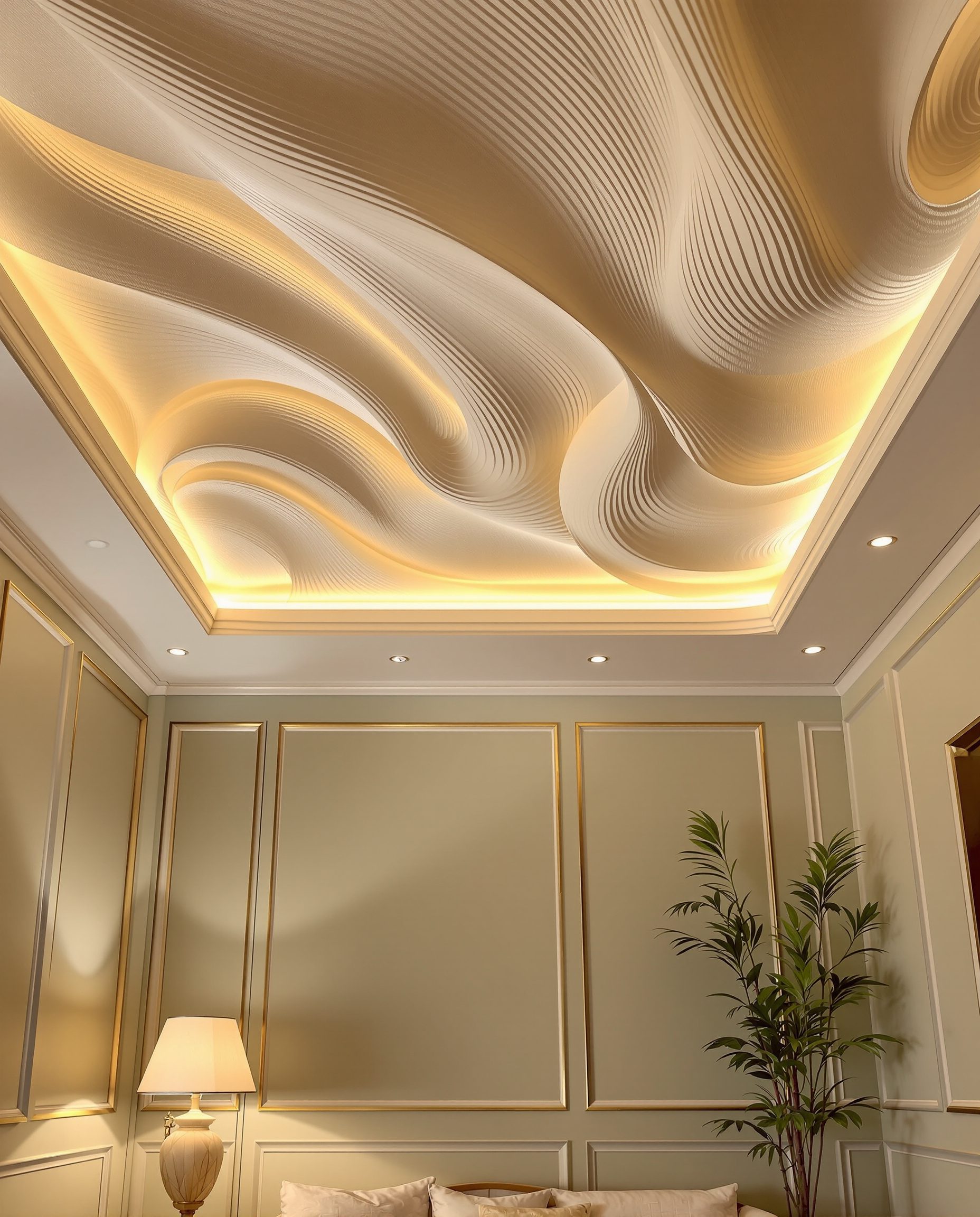 Curved Wave Feature Ceiling — Sage & Brass