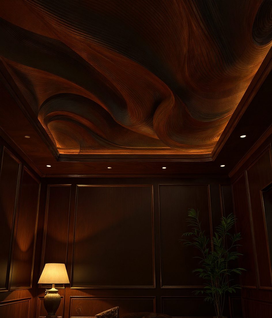 Curved Wave Feature Ceiling — Walnut Classic