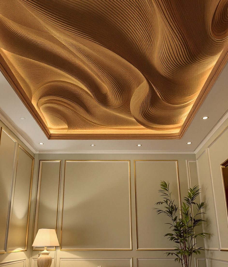 Curved Wave Feature Ceiling — Warm Oak