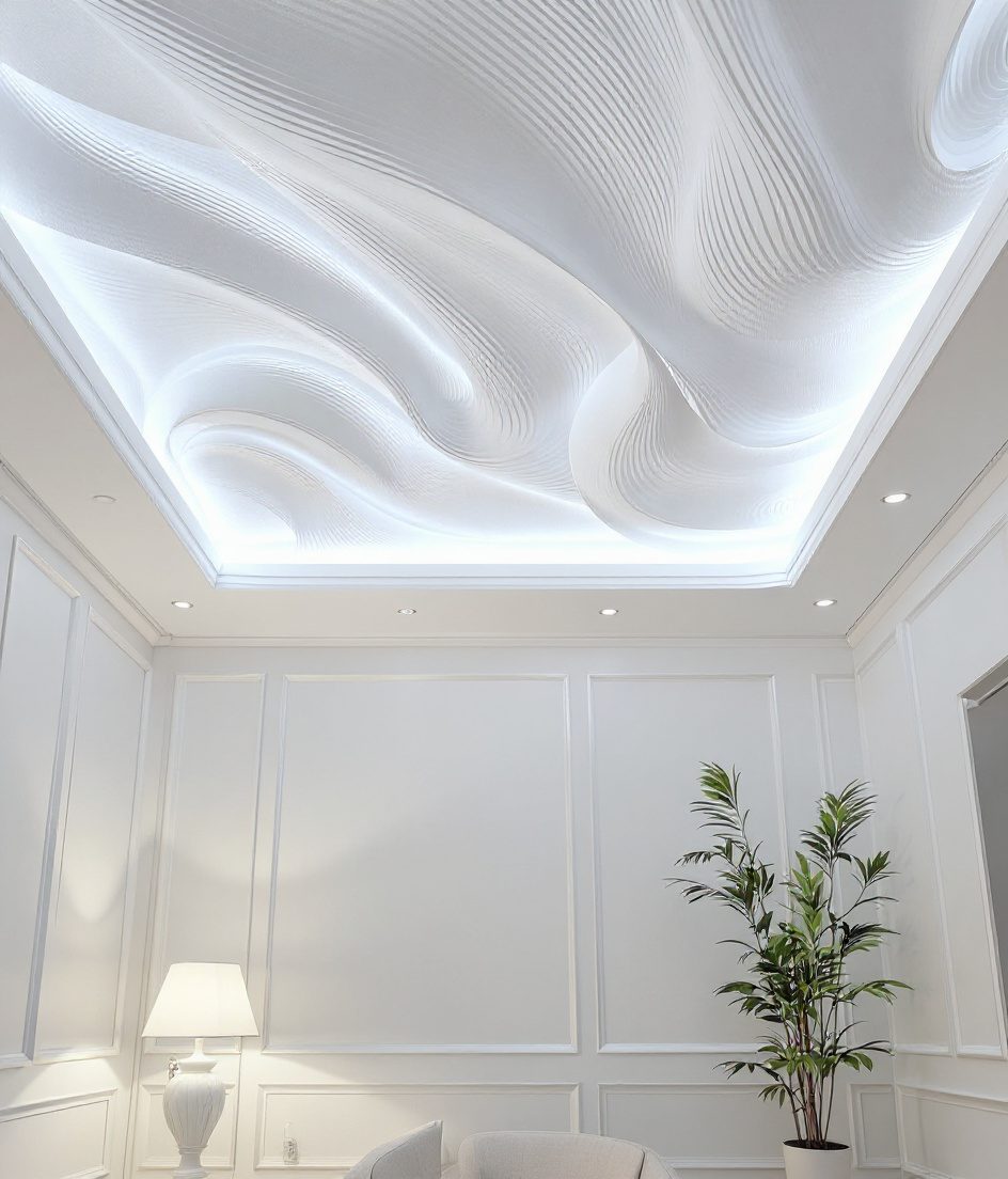 Curved Wave Feature Ceiling — White Modern