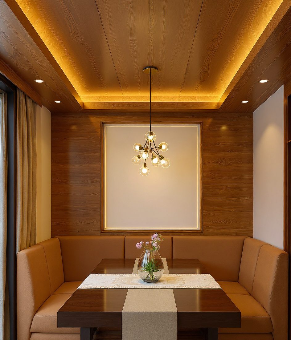 Dining Tray Ceiling with Pendant — Warm Oak