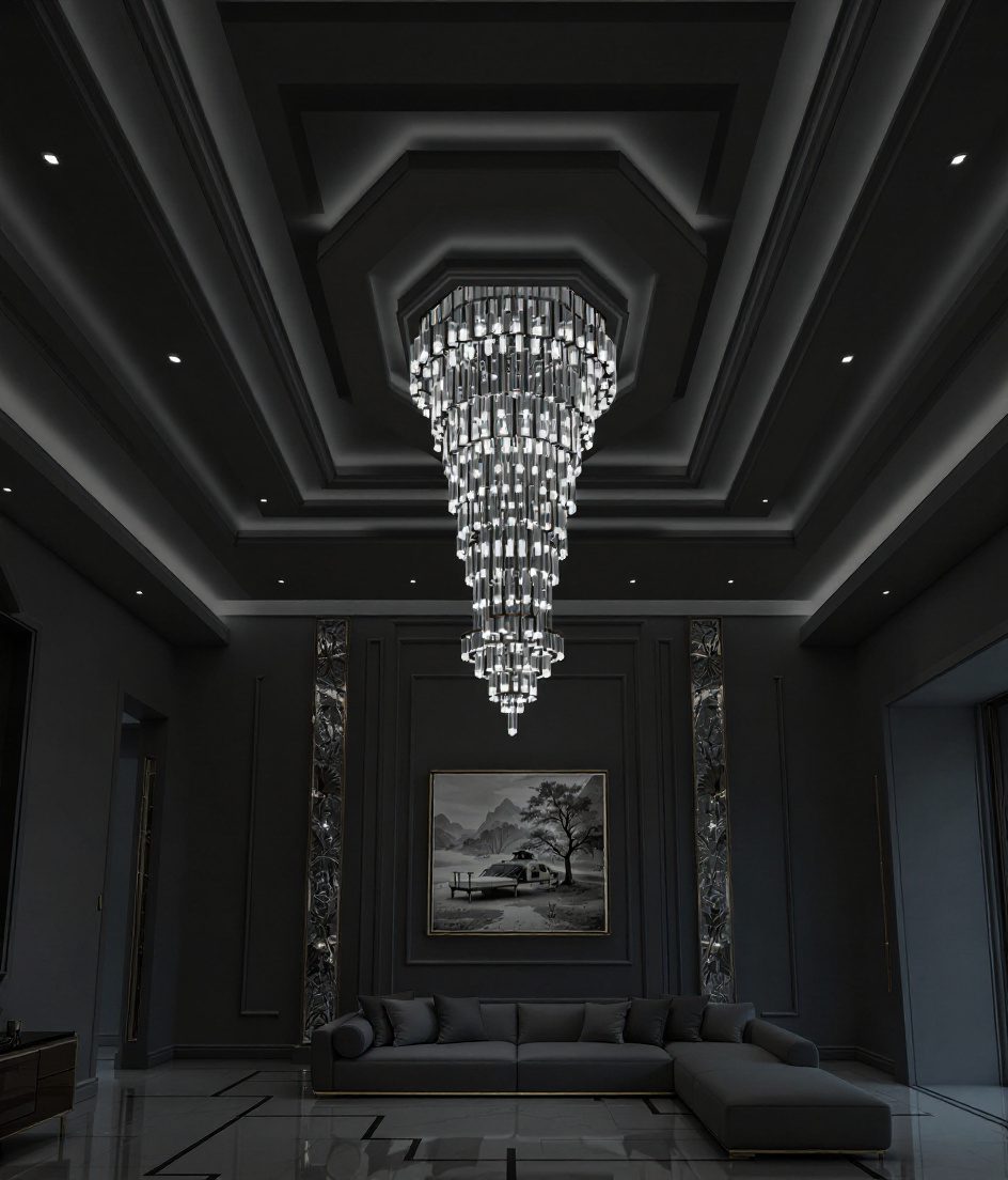 Double-Height Luxury Chandelier Ceiling — Charcoal Minimal