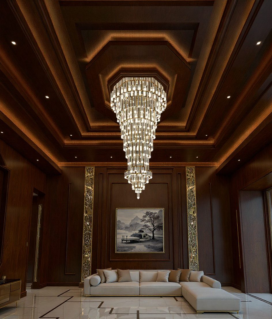 Double-Height Luxury Chandelier Ceiling — Walnut Classic