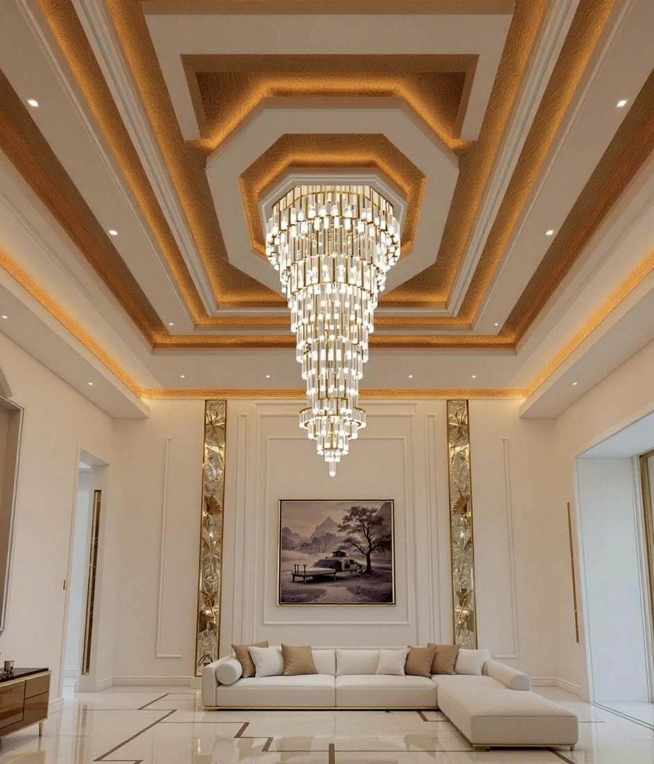 Double-Height Luxury Chandelier Ceiling — Warm Oak