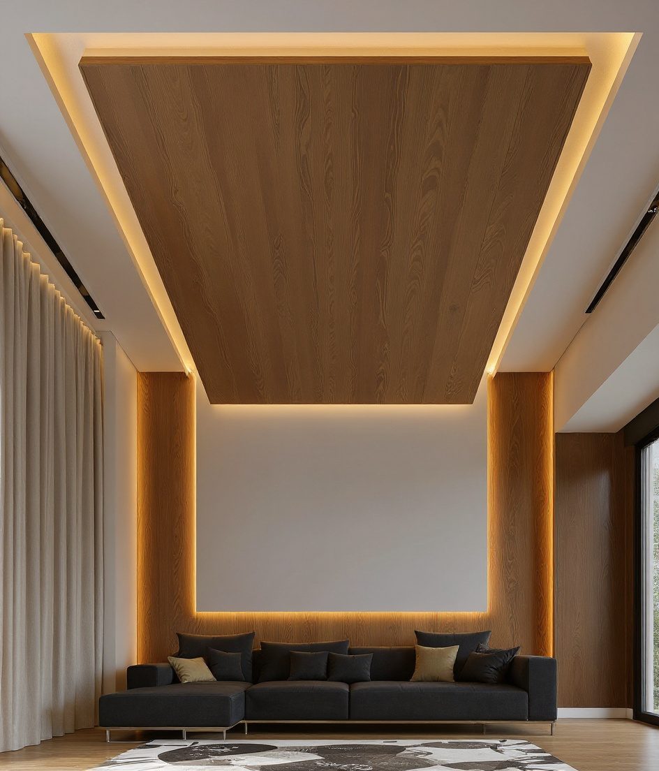 Floating Island Minimal Ceiling — Warm Oak