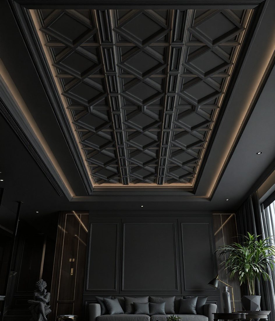 Geometric Coffered POP Ceiling — Charcoal Minimal