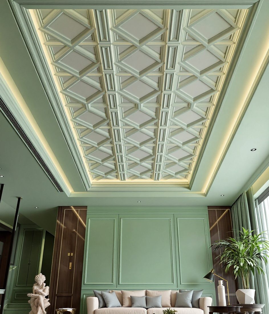 Geometric Coffered POP Ceiling — Sage & Brass