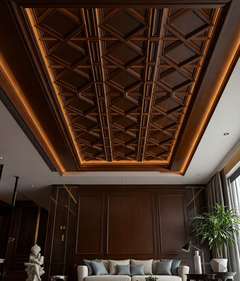 Geometric Coffered POP Ceiling — Walnut Classic