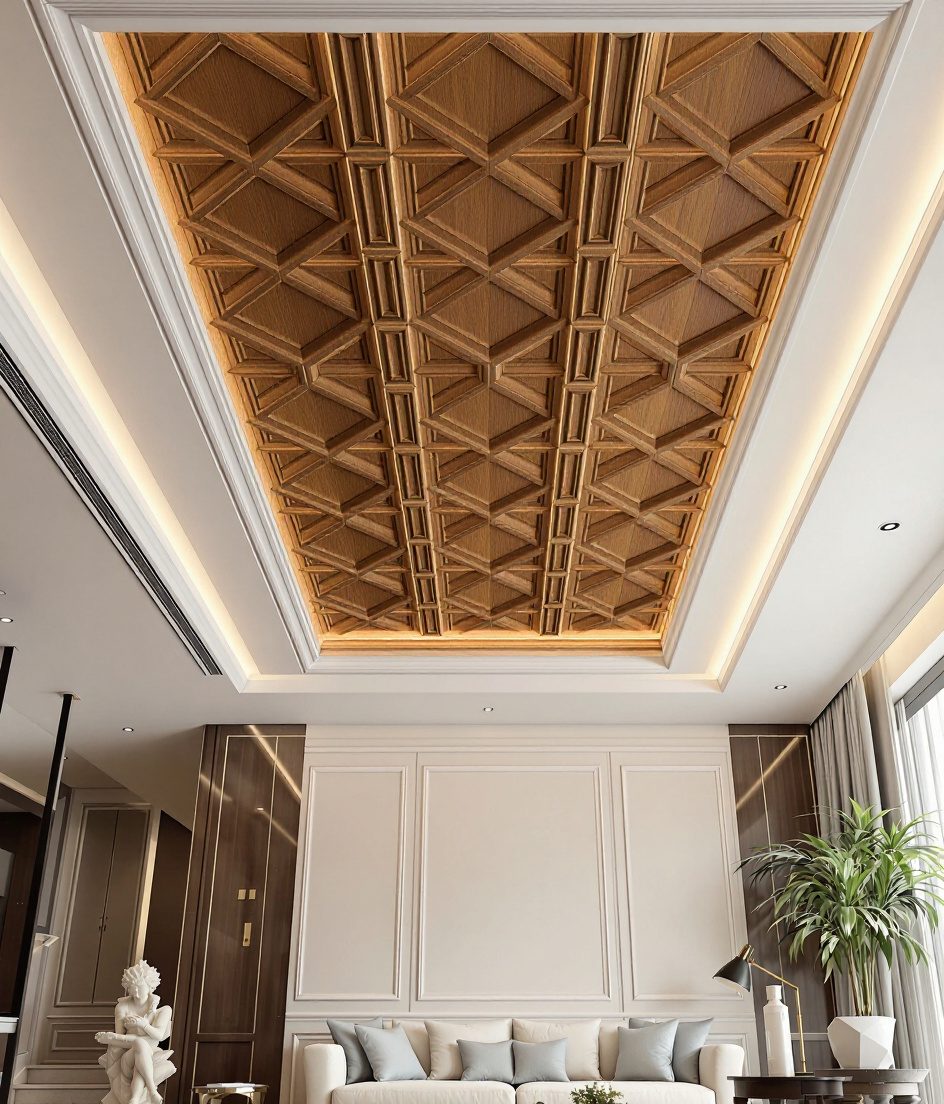 Geometric Coffered POP Ceiling — Warm Oak
