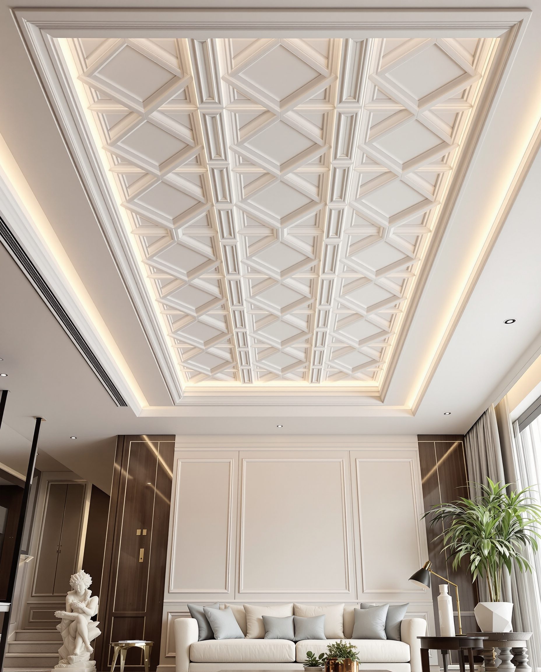 Geometric Coffered POP Ceiling — White Modern