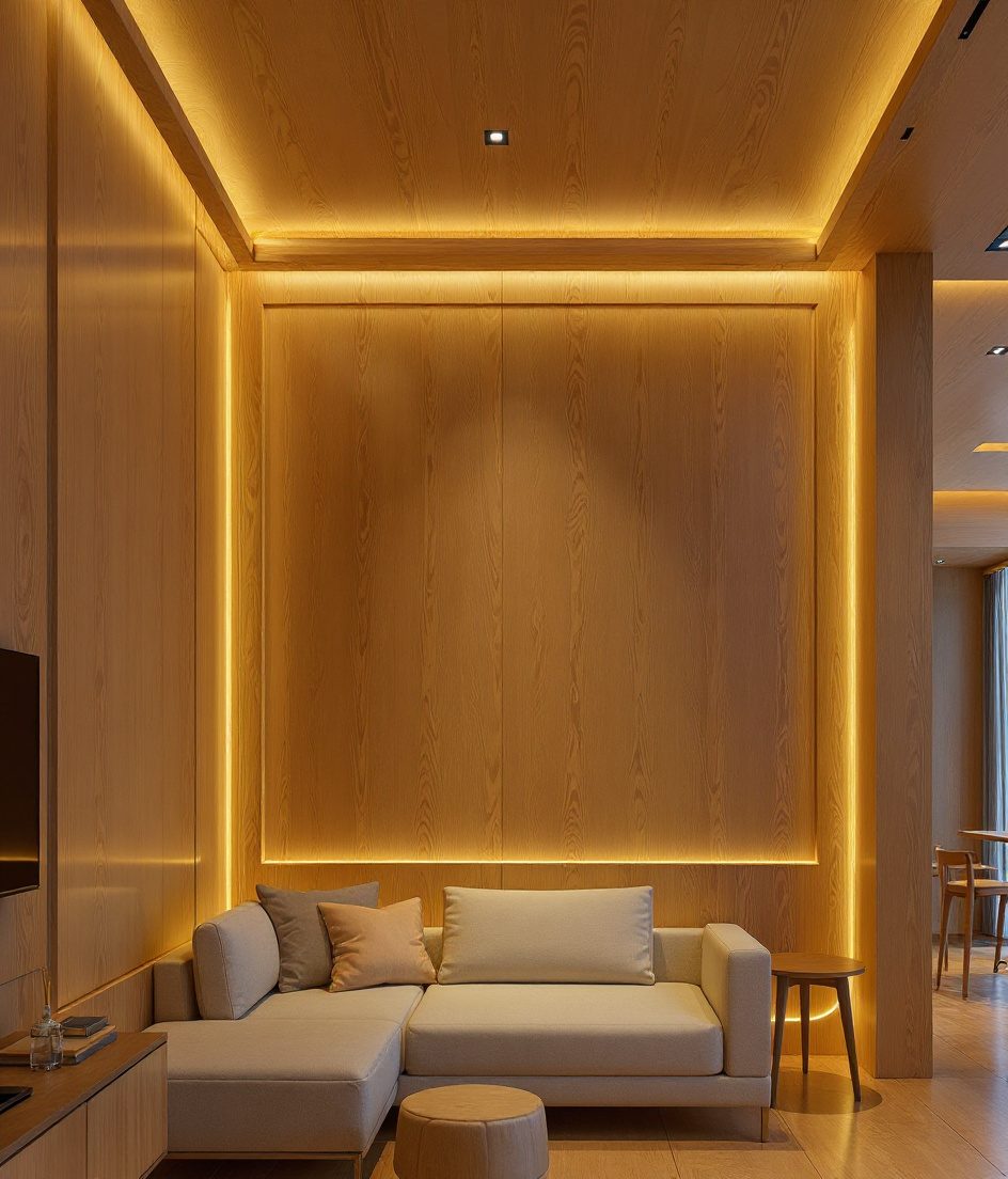 L-Shaped Cove Drawing Ceiling — Warm Oak