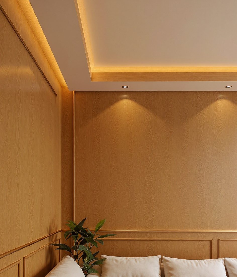 Minimal Perimeter Band Ceiling — Warm Oak