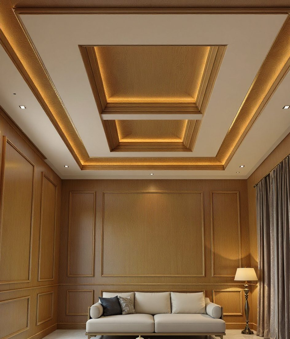 Multi-Level Stepped Tray Ceiling — Warm Oak