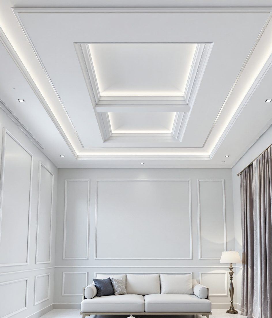 Multi-Level Stepped Tray Ceiling — White Modern