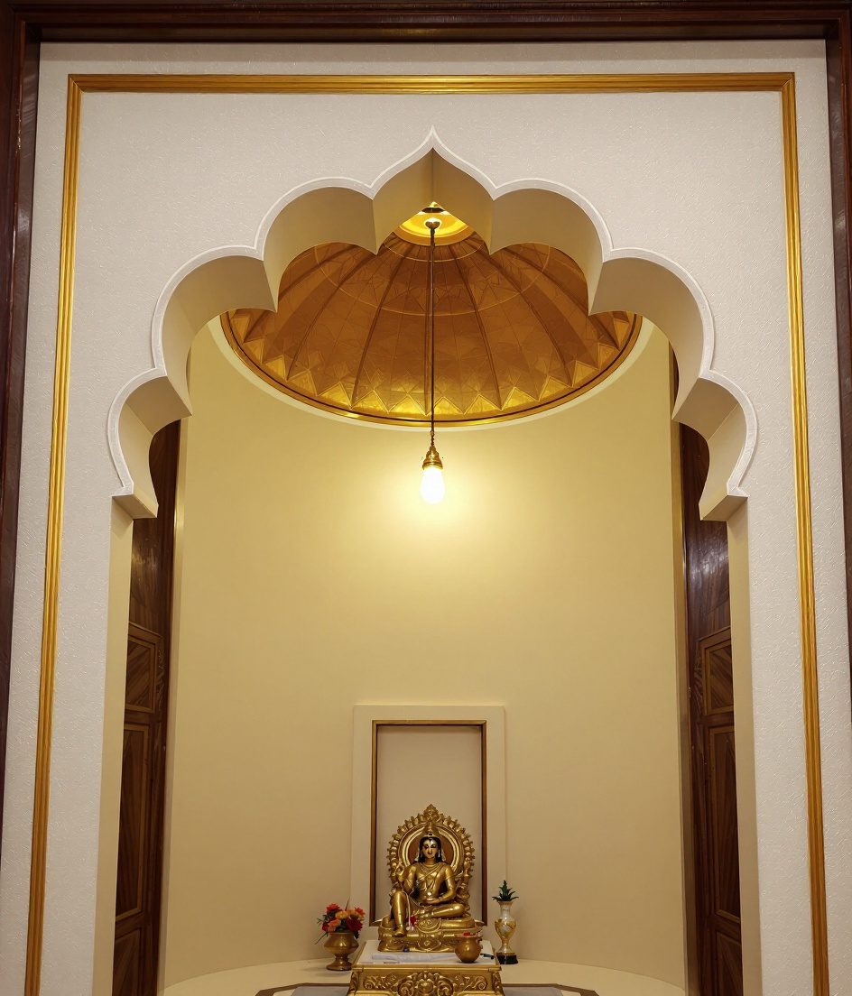 Pooja Room Dome Gold-Leaf Ceiling — Warm Oak