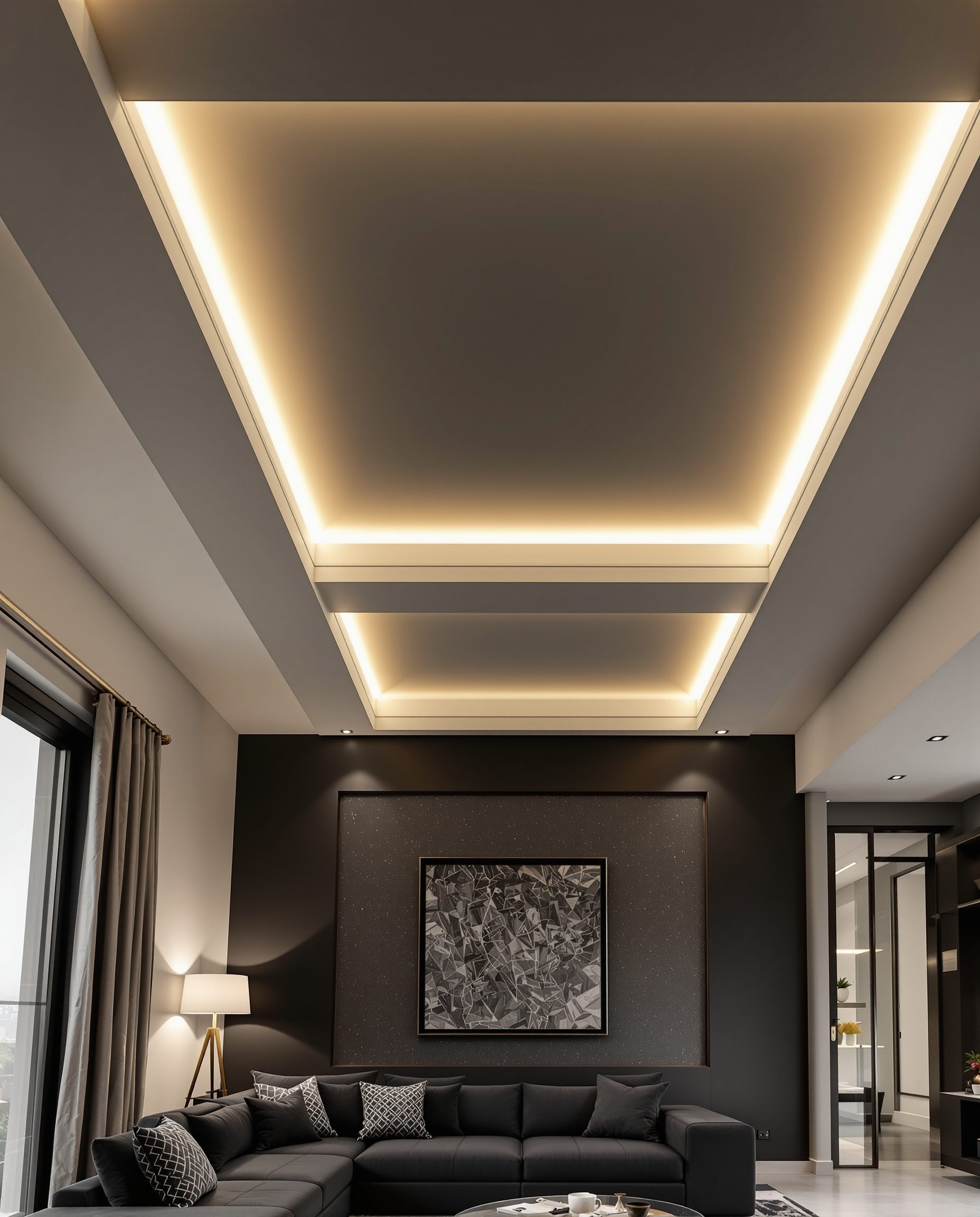 Rectangular Coffer Box Living Ceiling — Charcoal Minimal