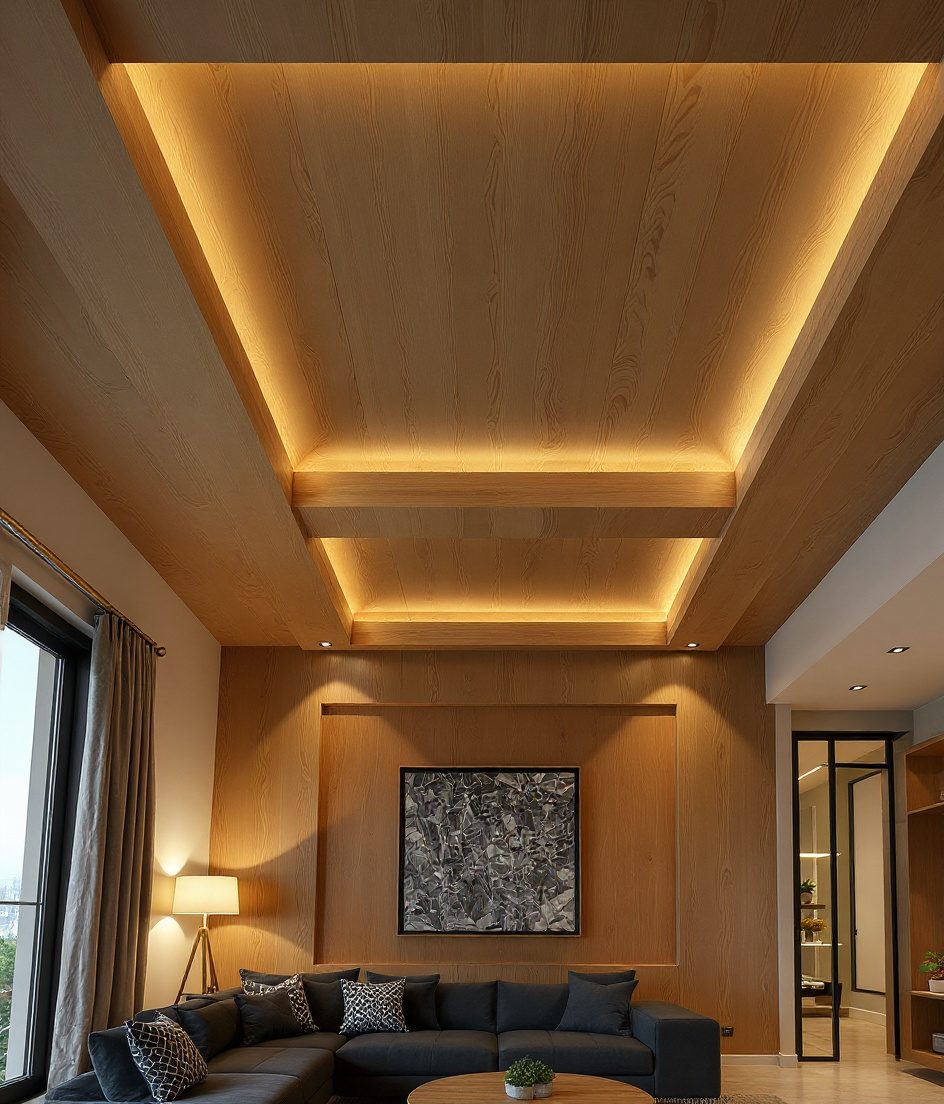 Rectangular Coffer Box Living Ceiling — Warm Oak