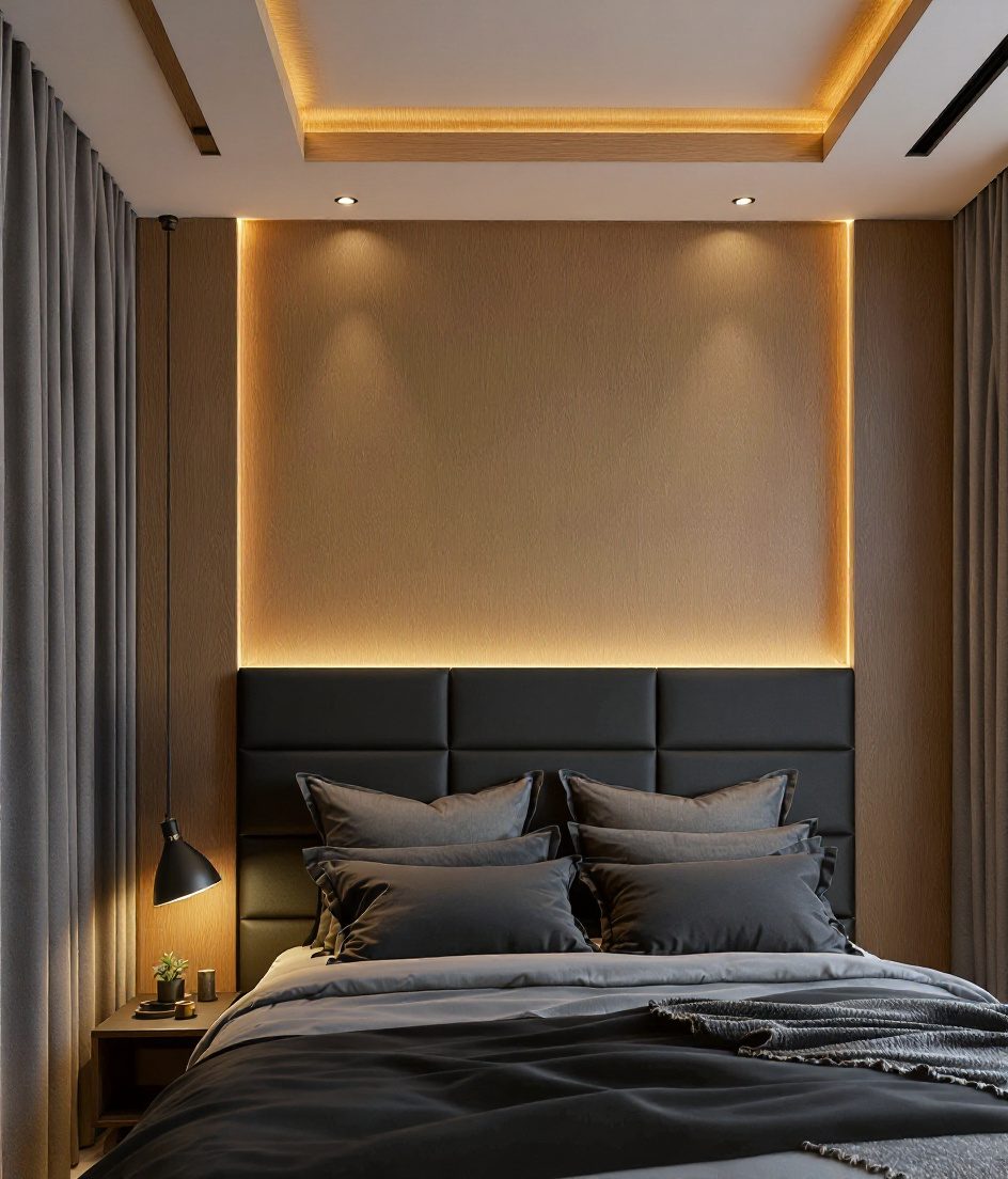 Rectangular Cove Tray Bedroom Ceiling — Warm Oak