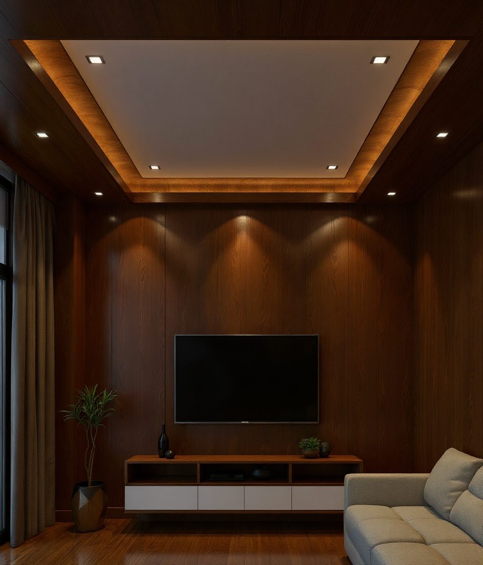 Single-Level Gypsum Minimal Ceiling — Walnut Classic