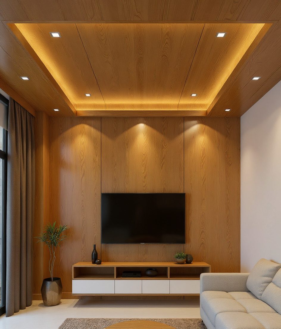 Single-Level Gypsum Minimal Ceiling — Warm Oak