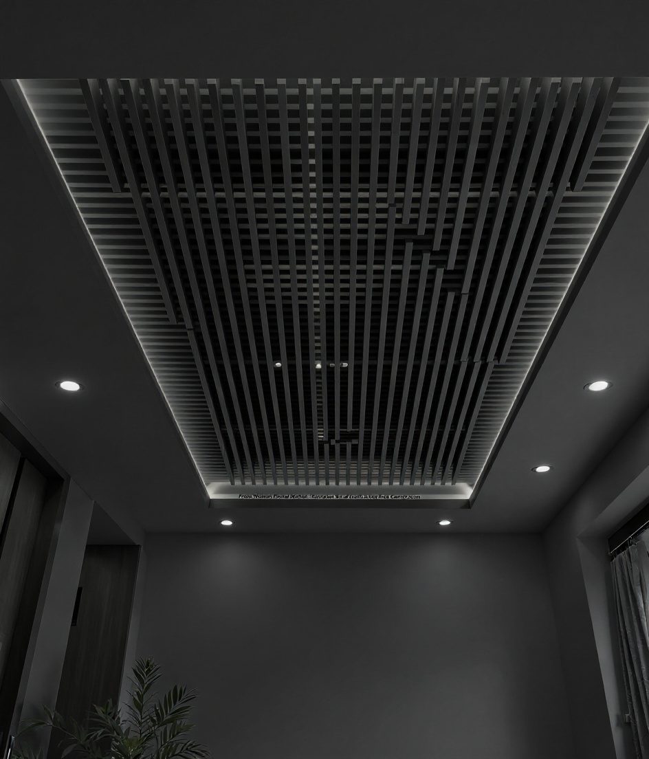 Slatted Wood Feature Ceiling — Charcoal Minimal