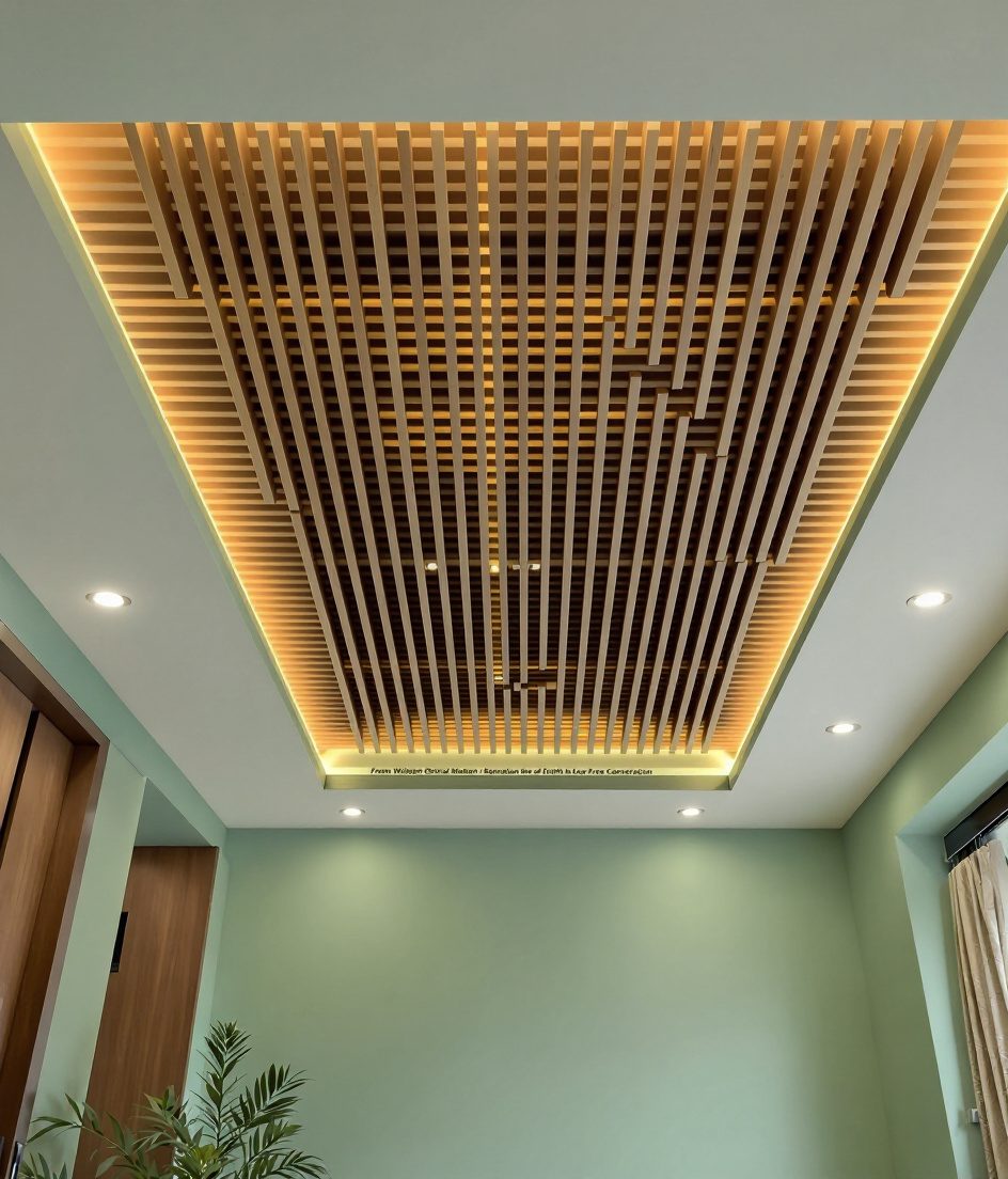 Slatted Wood Feature Ceiling — Sage & Brass