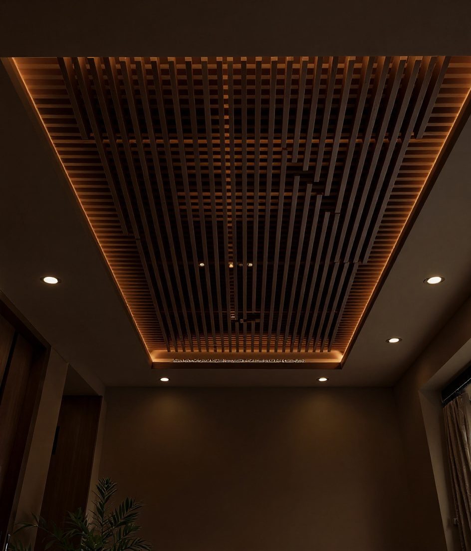 Slatted Wood Feature Ceiling — Walnut Classic