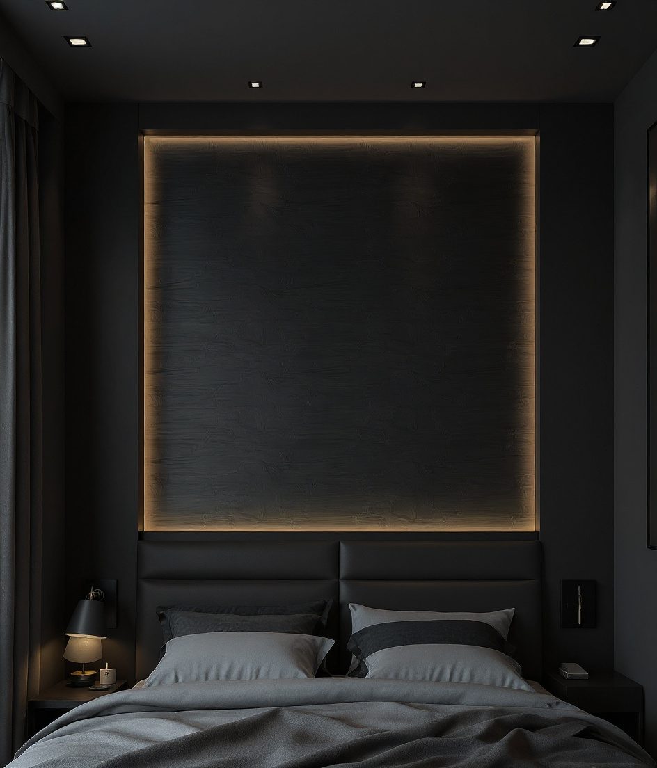 Wood Veneer Tray Bedroom Ceiling — Charcoal Minimal