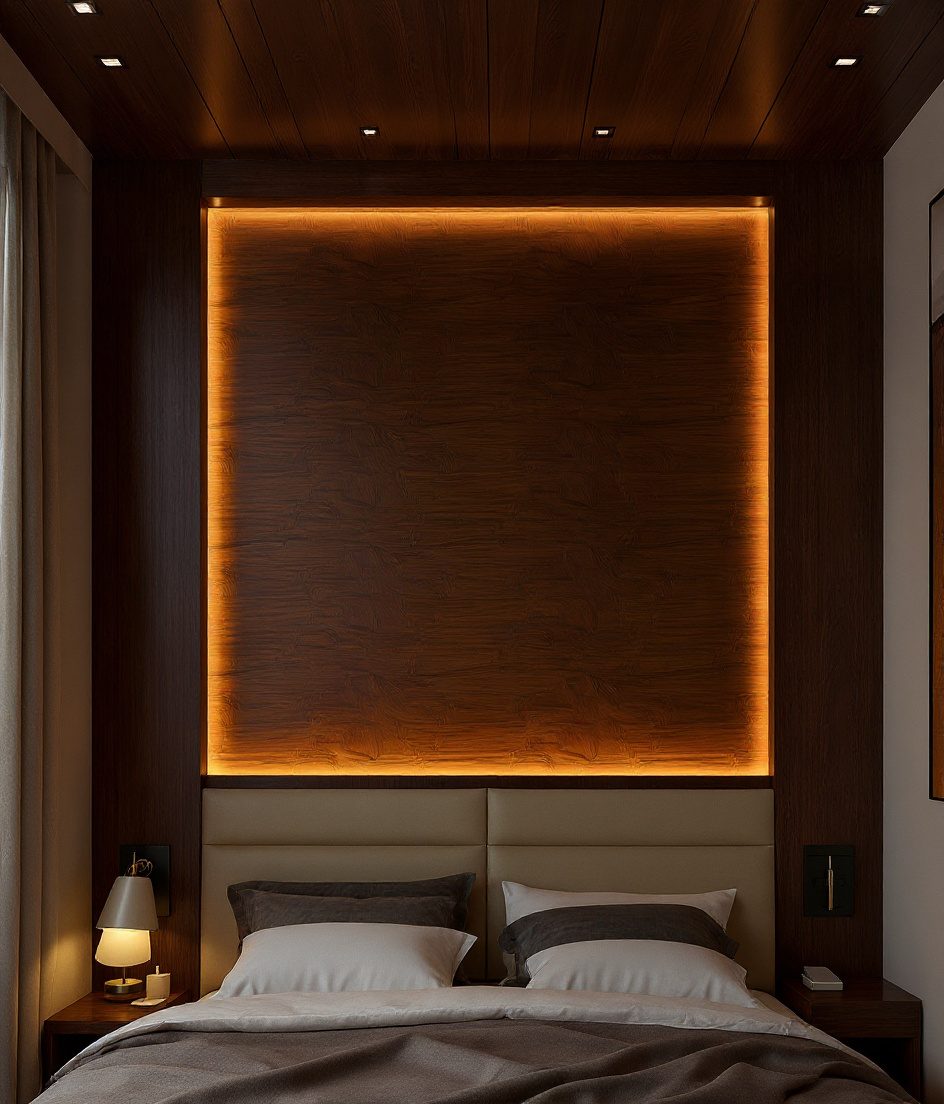 Wood Veneer Tray Bedroom Ceiling — Walnut Classic
