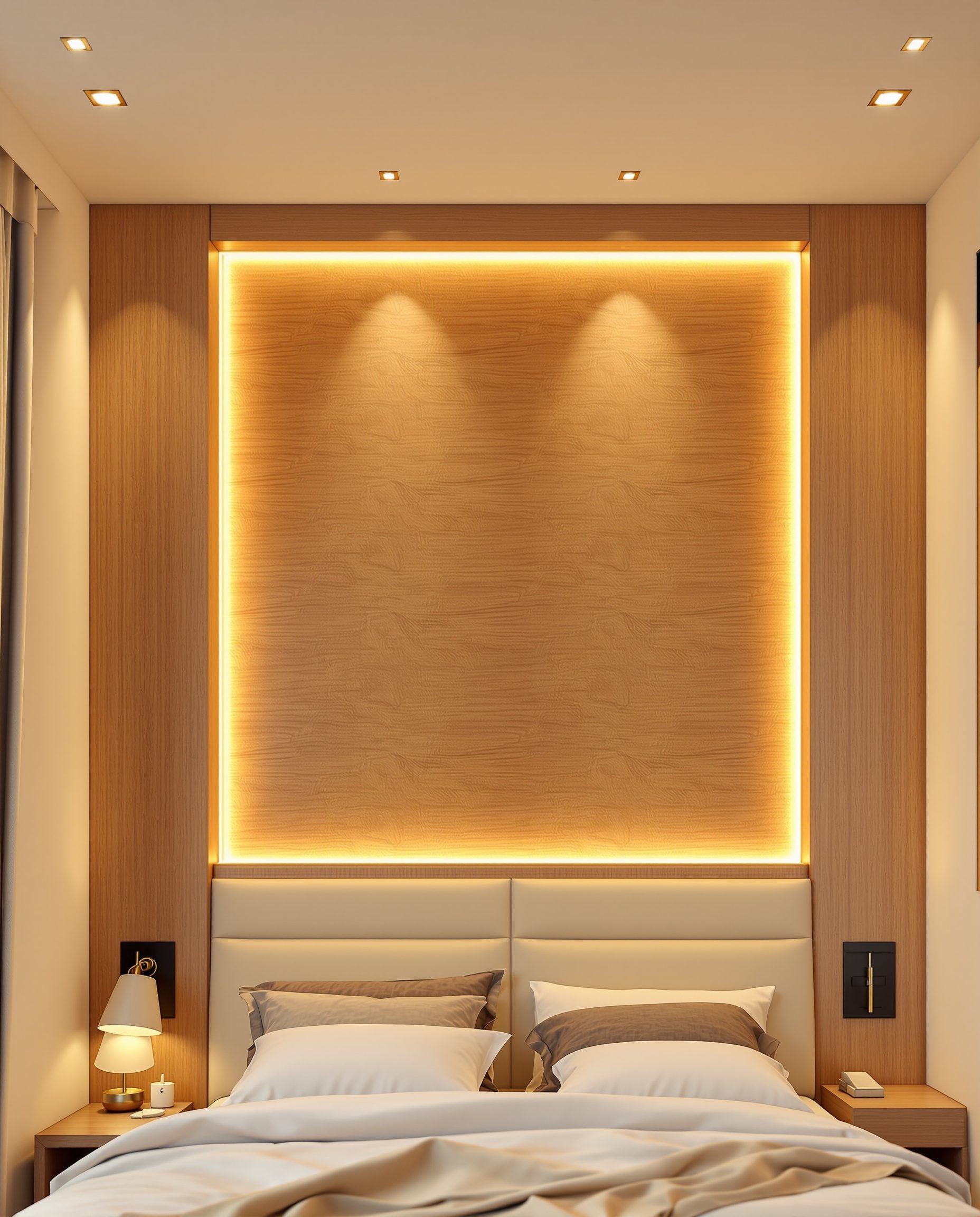 Wood Veneer Tray Bedroom Ceiling — Warm Oak