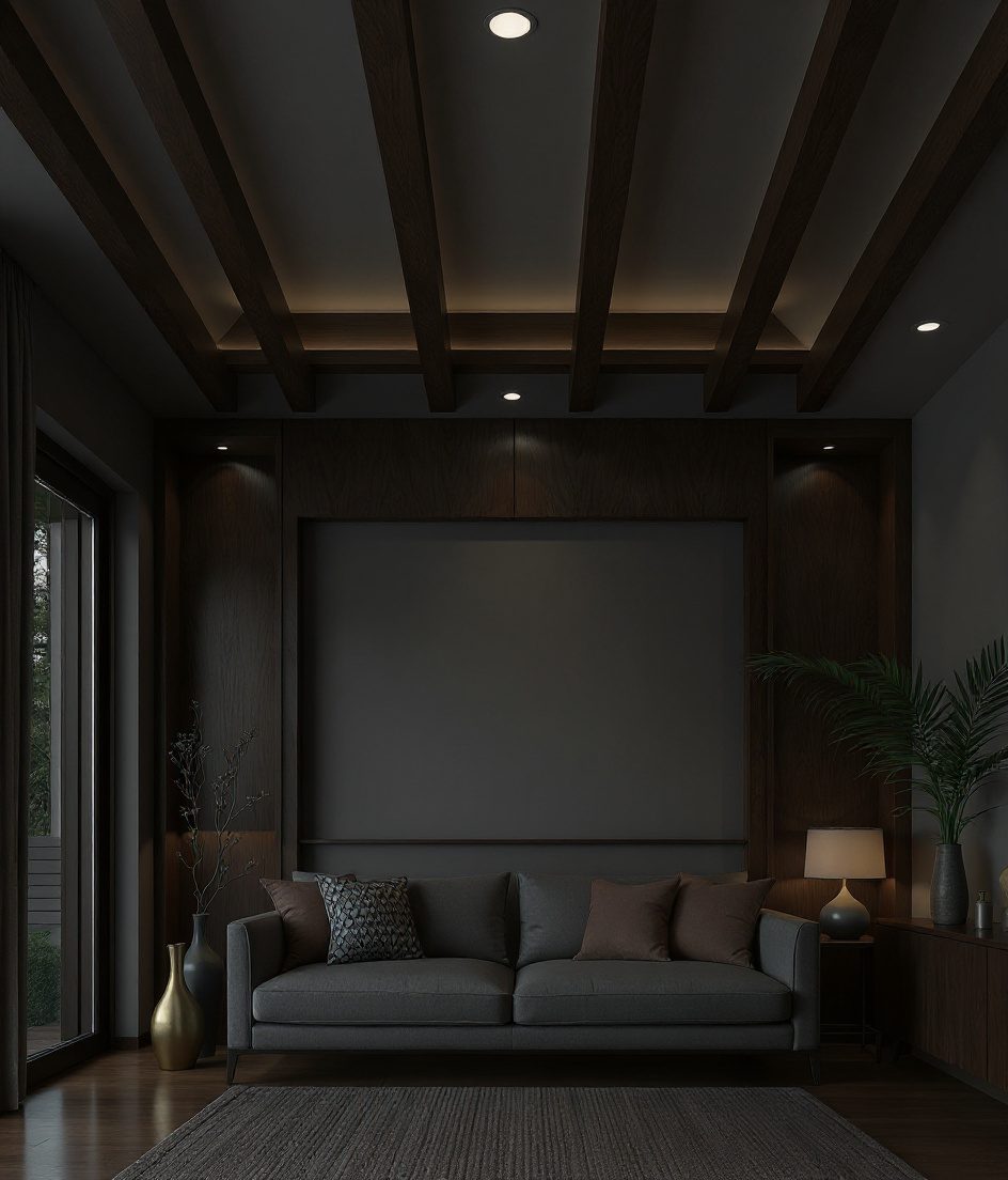 Wooden Rafter Living Ceiling — Charcoal Minimal