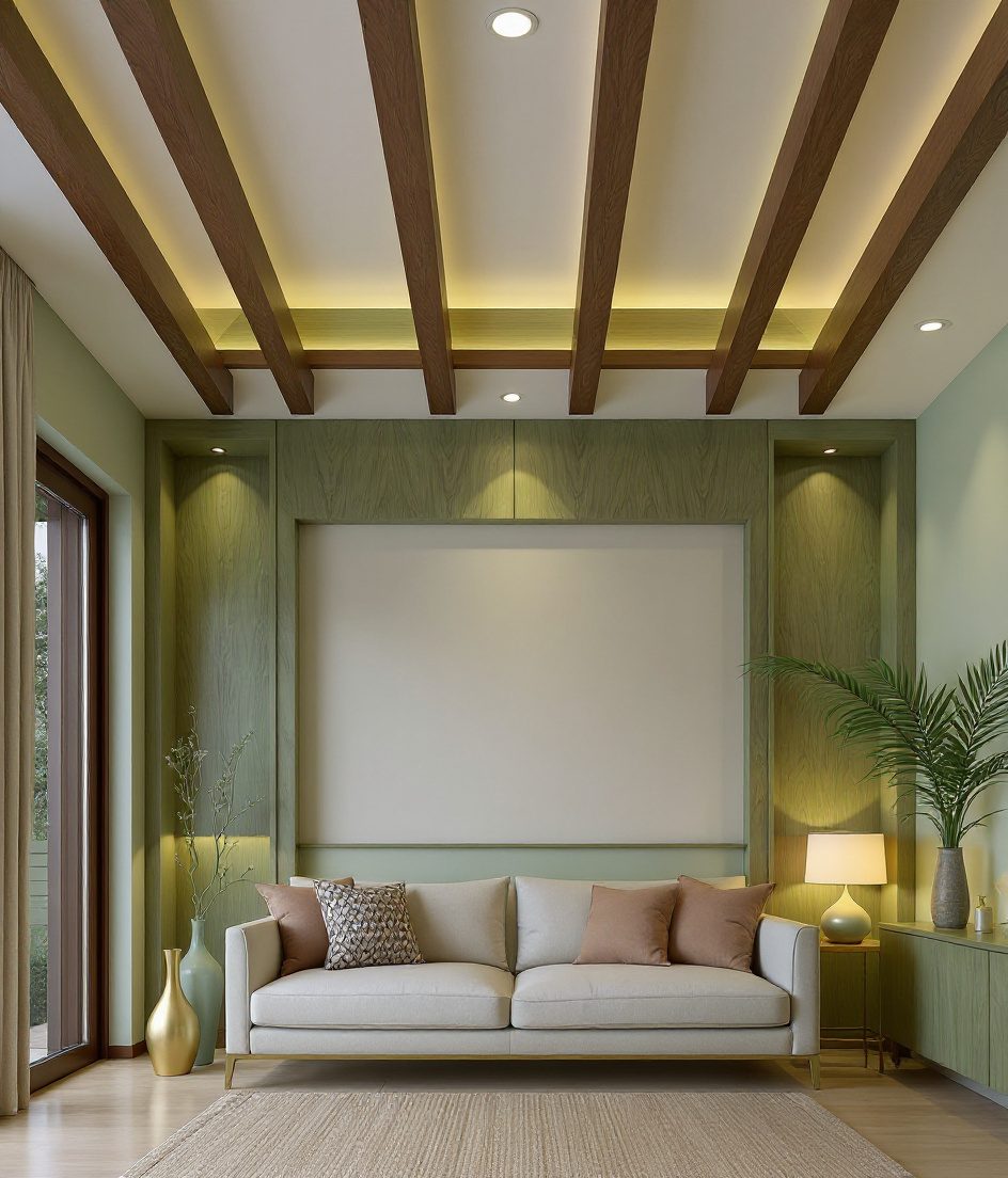 Wooden Rafter Living Ceiling — Sage & Brass