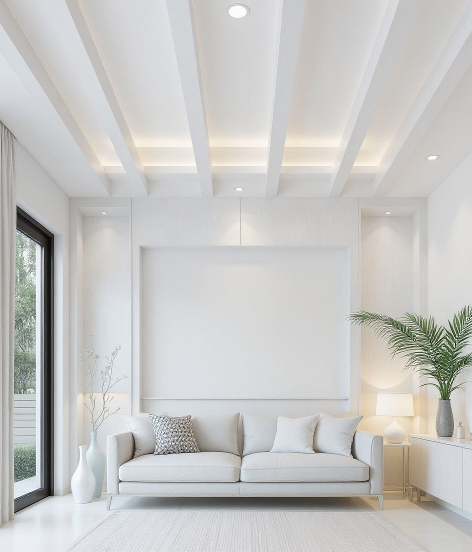Wooden Rafter Living Ceiling — White Modern