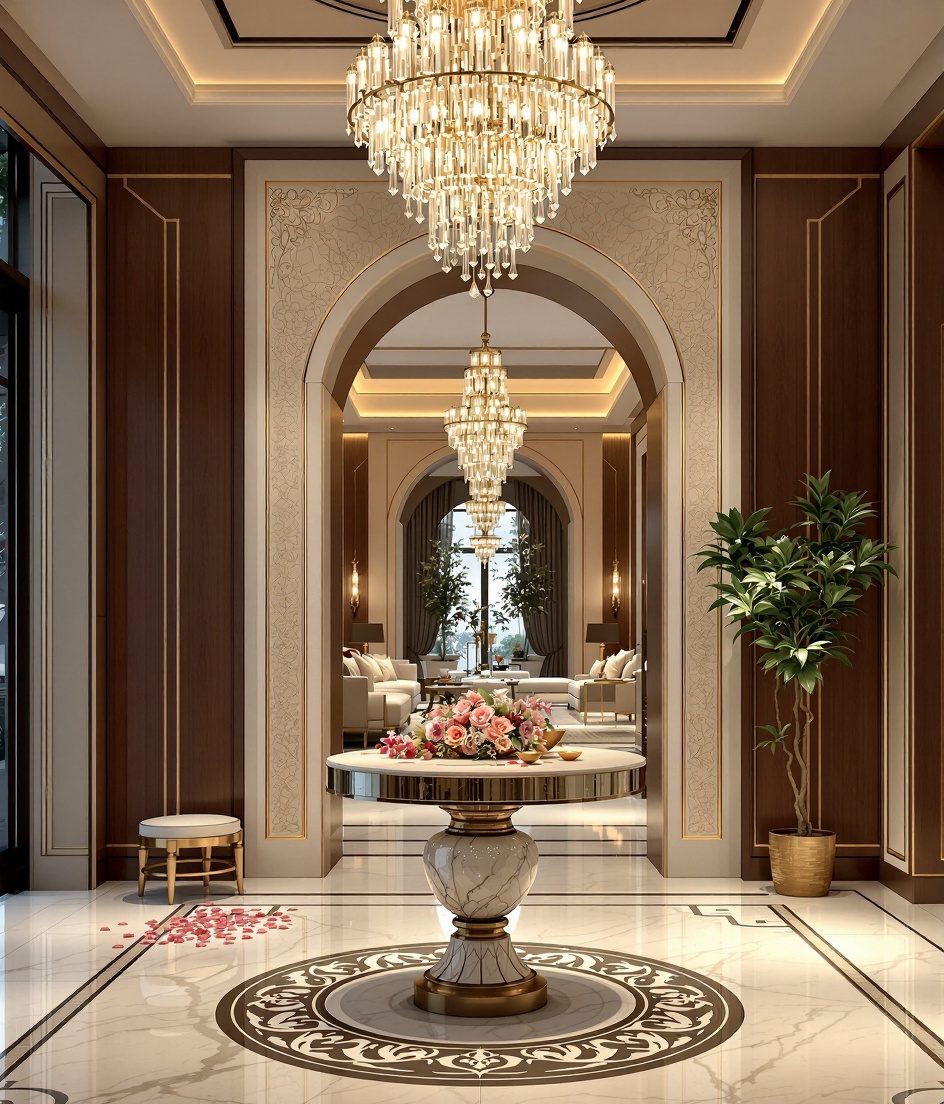 Chandelier Statement Luxury Foyer — Warm Oak