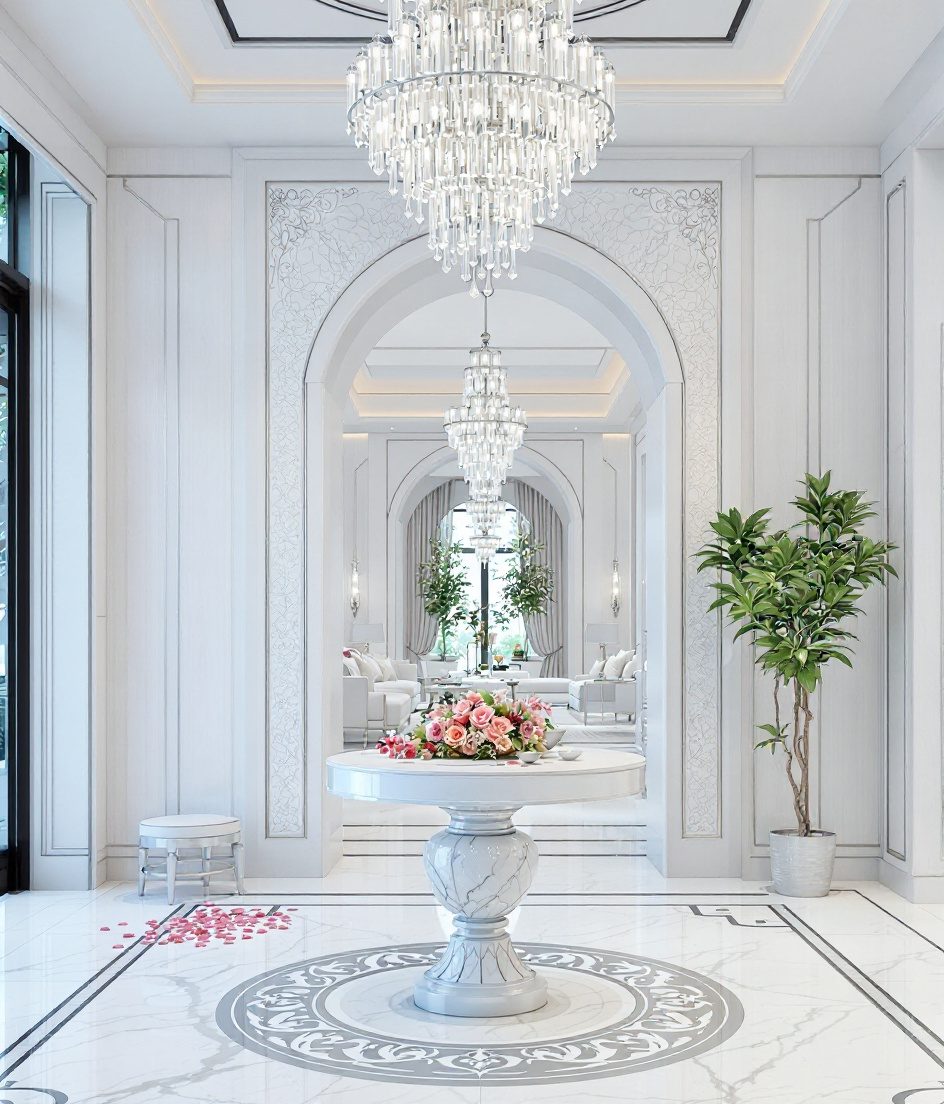 Chandelier Statement Luxury Foyer — White Modern