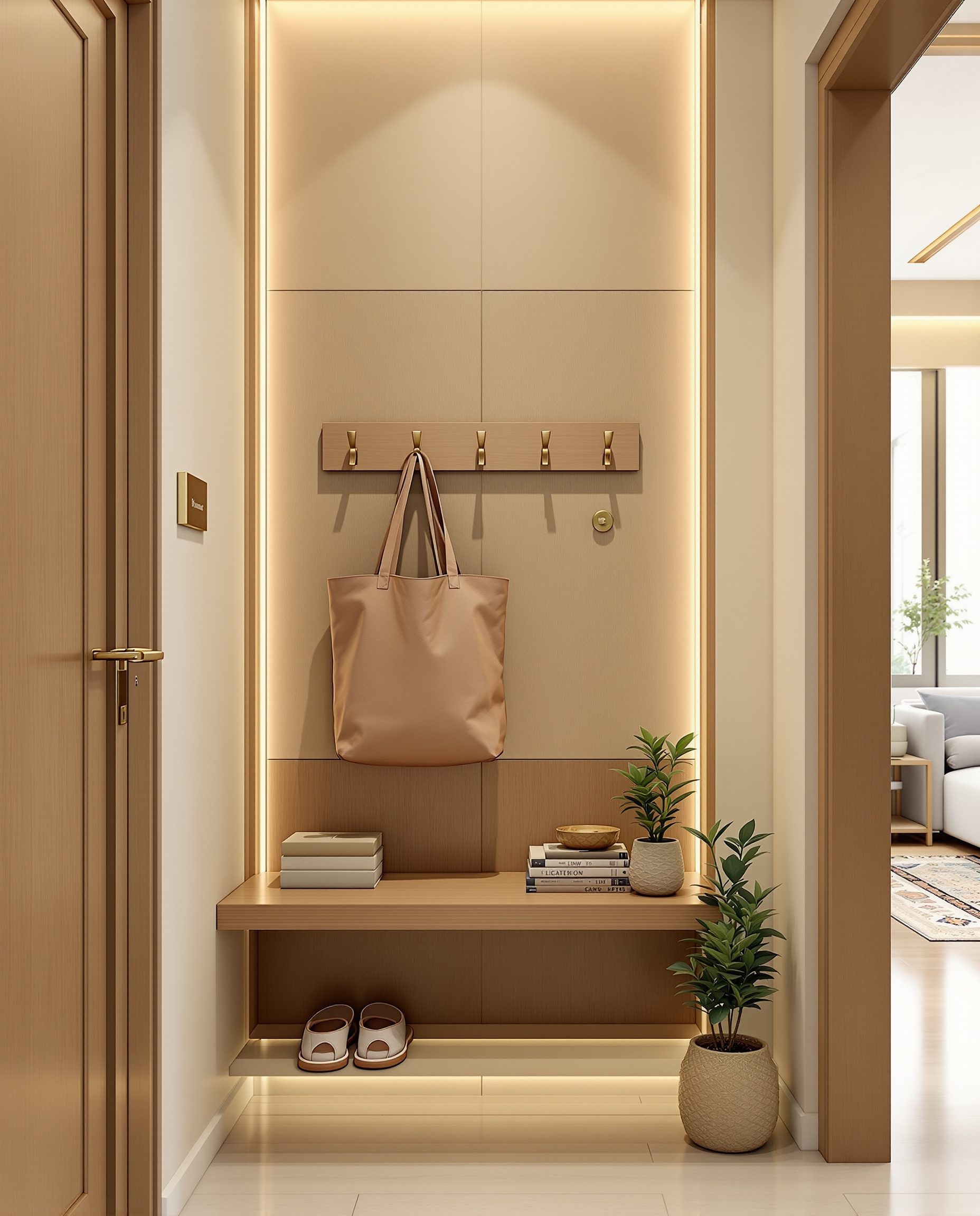 Compact Apartment Foyer — Warm Oak