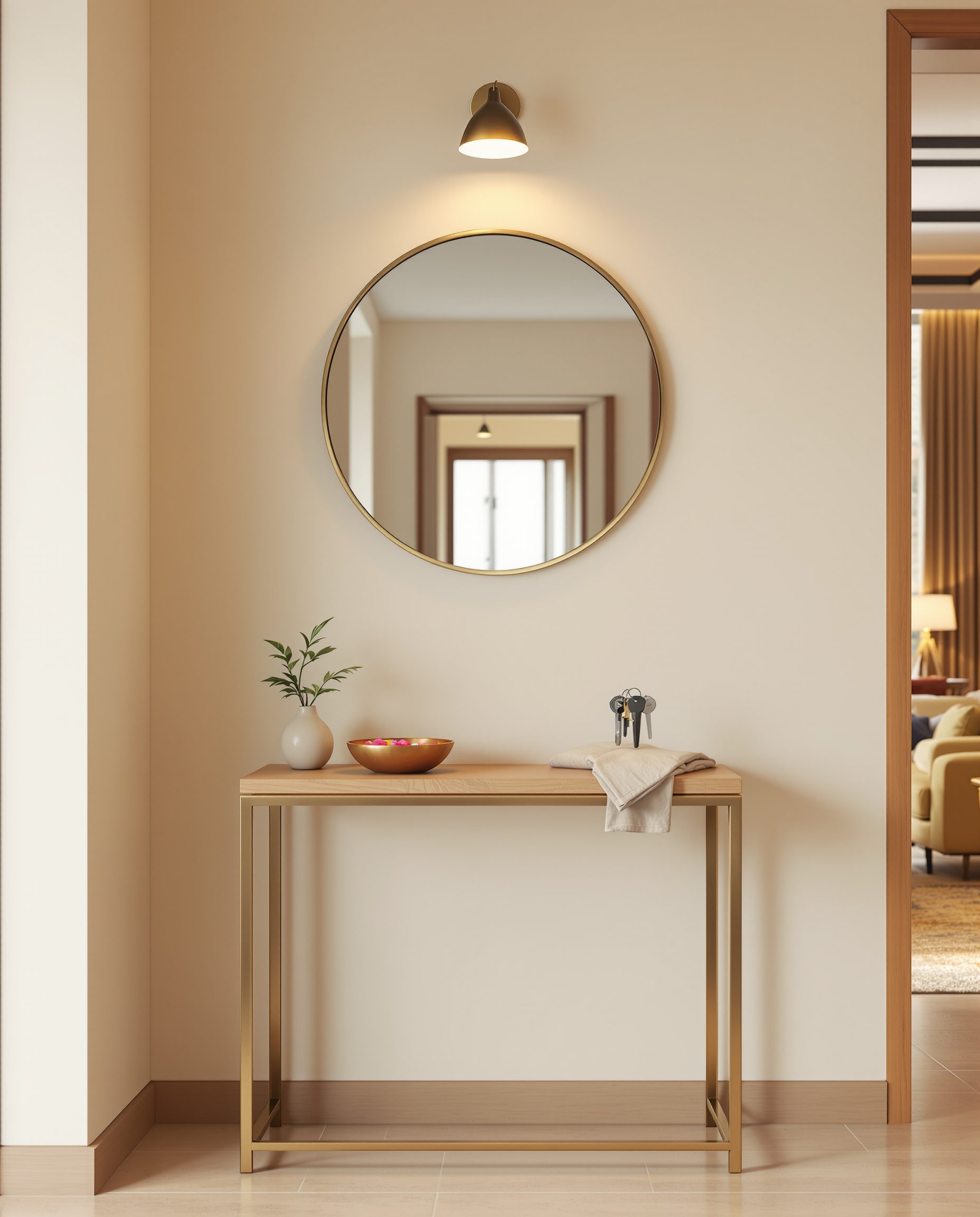 Console And Mirror Entryway — Warm Oak