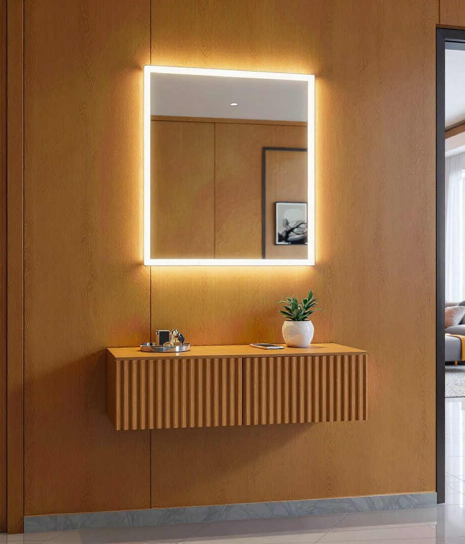 Floating Console With Drawers — Warm Oak