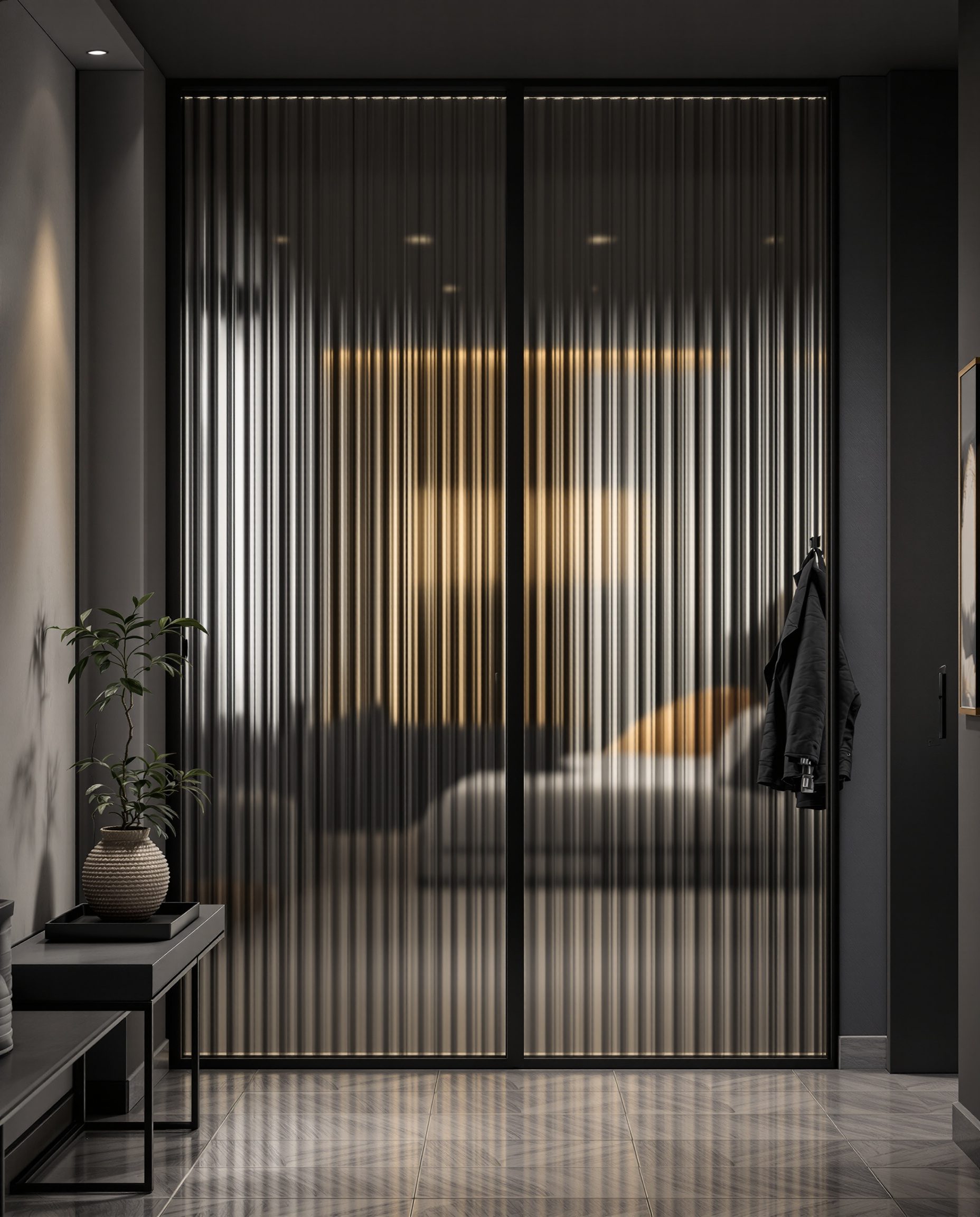 Fluted Glass Entry Divider — Charcoal Minimal